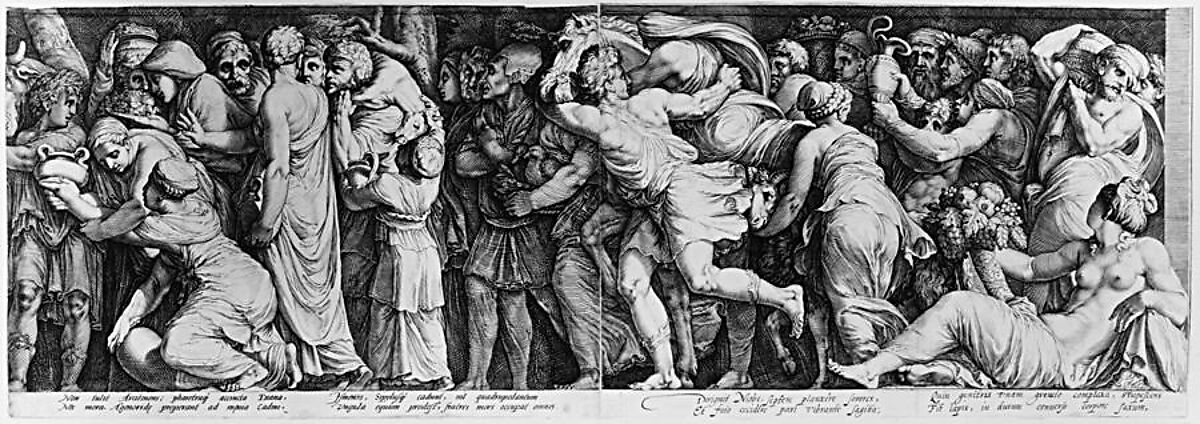 The Story of Niobe, Jan (Pietersz.) Saenredam (Netherlandish, Zaandam 1565–1607 Assendelft), Engraving; first state (inscription of last stanza has been covered with a sheet of paper with the correct stanza inscribed in brown ink)