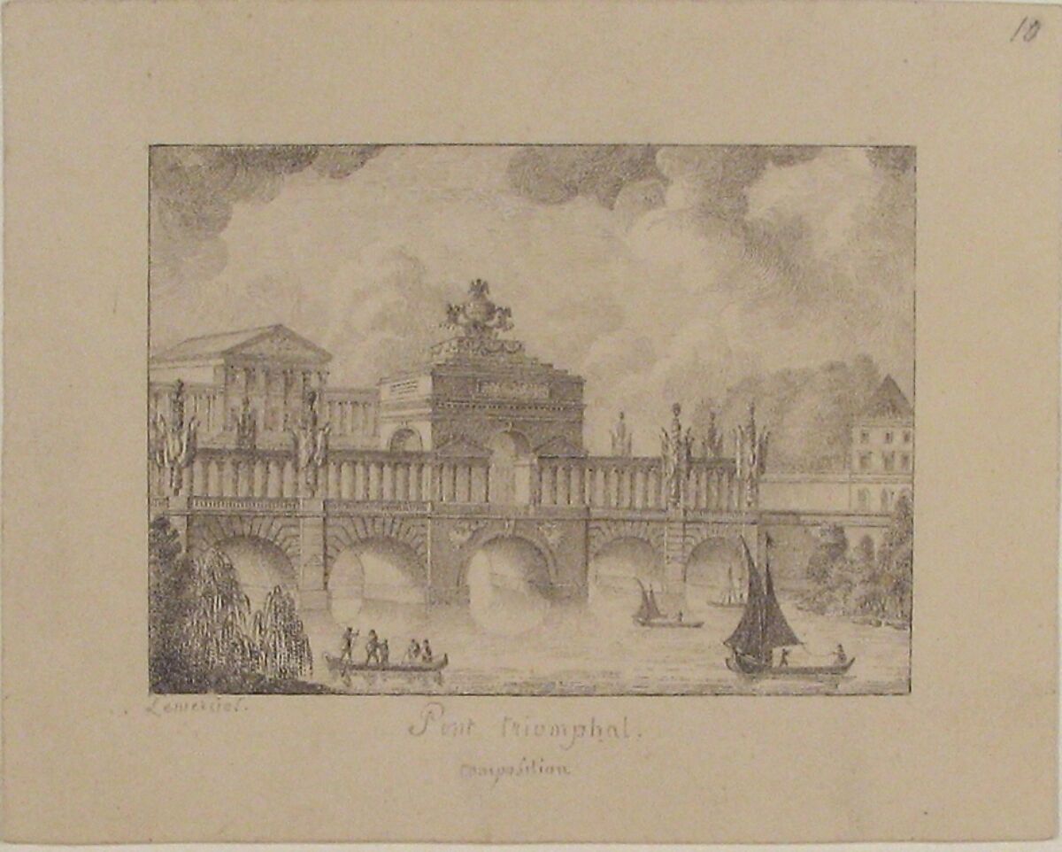 Design for a Triumphal Bridge, Joseph Lemercier (French, 1803–1887), Pen and black and gray ink