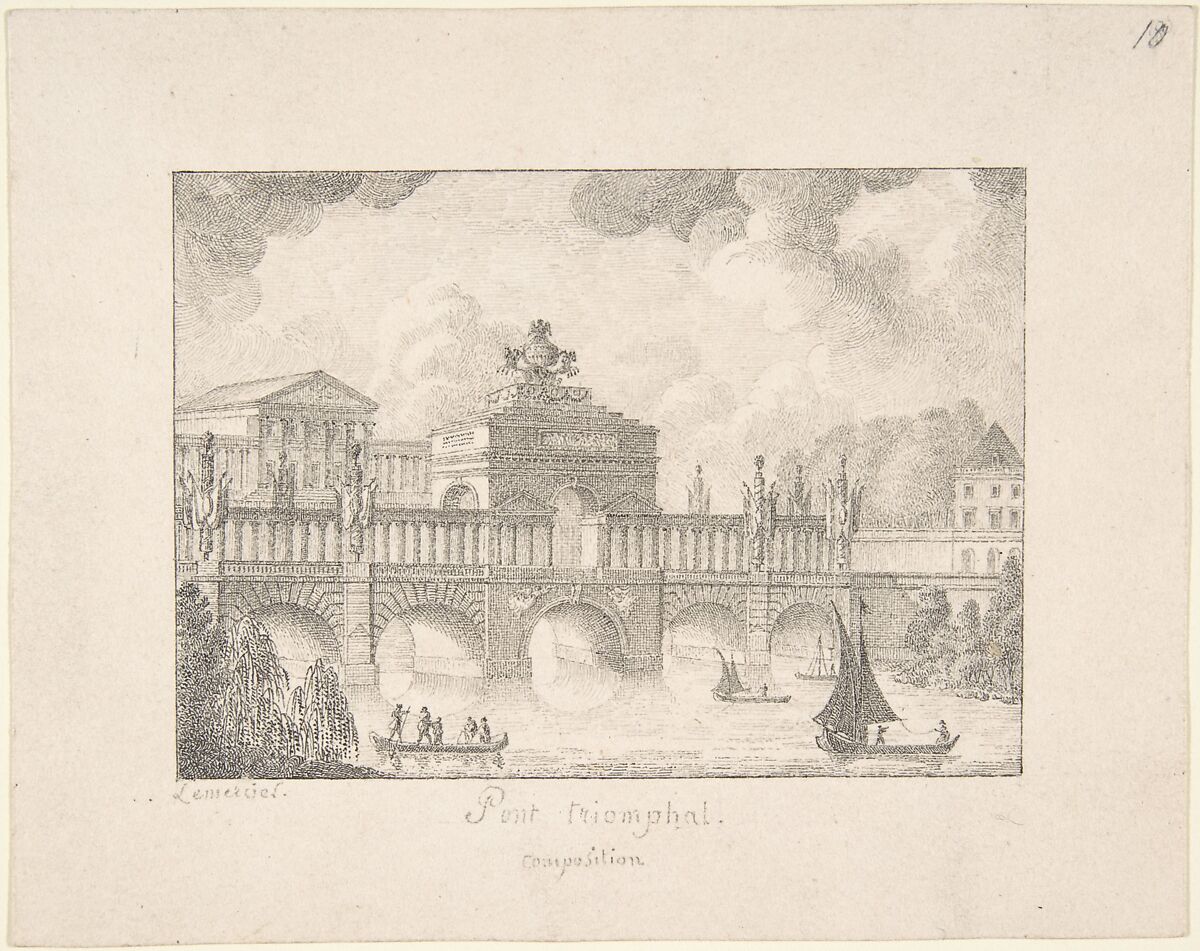 Design for a Triumphal Bridge, Joseph Lemercier (French, 1803–1887), Pen and black and gray ink 