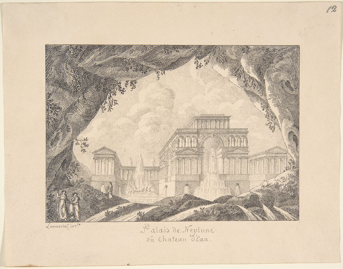 The Palace of Neptune (Water Palace), Joseph Lemercier (French, 1803–1887), Pen and black and gray ink 