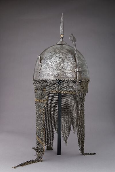 Helmet, Steel, textile, gold, copper alloy, probably Iranian 