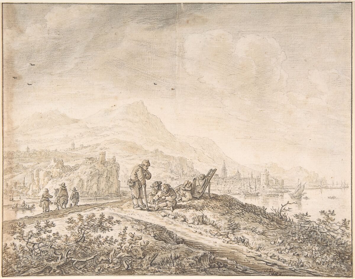 Fantasy Rhine Landscape, Herman Saftleven II (Dutch, Rotterdam 1609–1685 Utrecht), Brush and brown wash, black chalk 