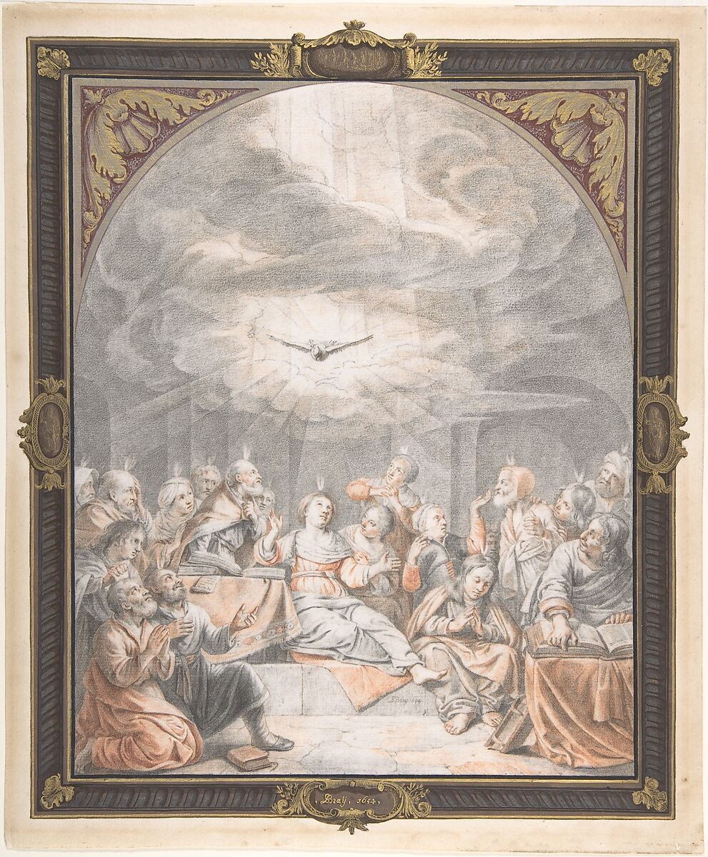 The Pentecost, Salomon de Bray (Dutch, 1597–1664), Red and black chalk, graphite, gouache and gold paint in spandrels of 1st support 