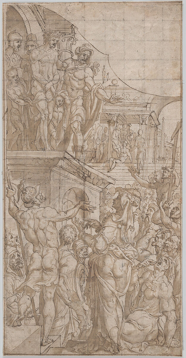 Ecce Homo, Maarten van Heemskerck (Netherlandish, Heemskerck 1498–1574 Haarlem), Pen and brown ink, brush and brown wash; squared in black chalk