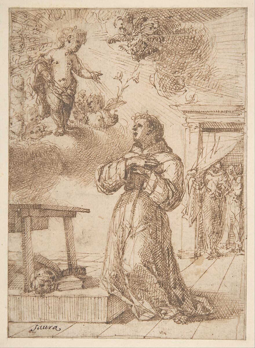 The Vision of Saint Anthony of Padua, Vicente Salvador Gómez (Spanish, Valencia 1637–ca. 1700 Valencia (?)), Pen and brown ink over traces of leadpoint (?) 