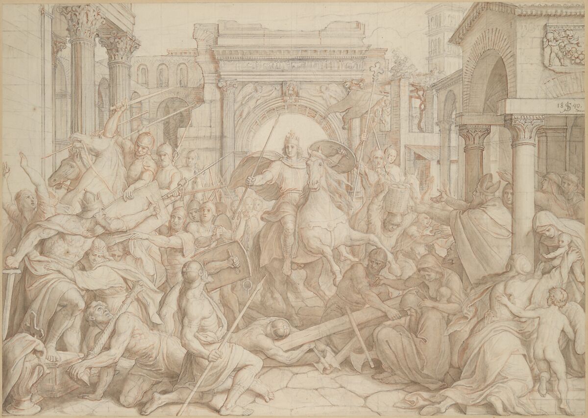 The Entrance of Charlemagne into Pavia, Julius Schnorr von Carolsfeld (German, Leipzig 1794–1872 Dresden), Black chalk, graphite, brown watercolor washes, red chalk, red chalk washes.  Squared for transfer in graphite with numerical indications of vertical divisions at the lower edge 