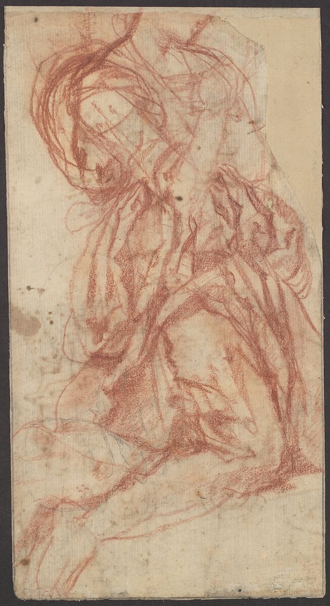 Study of a Kneeling Figure (recto); Design for a Festival Chariot (verso)., Anonymous, Italian, Florentine, 16th century (ca. 1530-1540), Red chalk, drawn over a faint study of a hand in black chalk (recto); pen and brown ink (verso). 