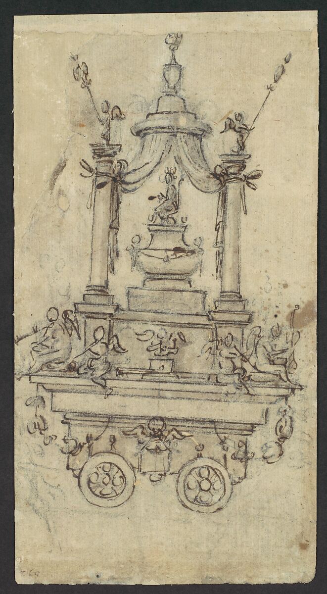 Study of a Kneeling Figure (recto); Design for a Festival Chariot (verso), Anonymous, Italian, Florentine, 16th century (ca. 1530-1540), Red chalk, over a faint study of a hand in black chalk (recto); pen and brown ink (verso)