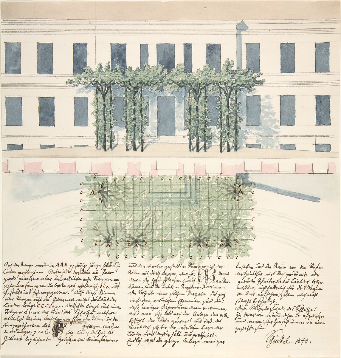 Elevation and Plan of the Façade of a Building, Karl Friedrich Schinkel (German, Neuruppin 1781–1841 Berlin), Pen and black ink and watercolor over graphite 