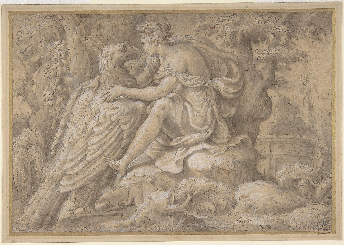 Jupiter and Astraea, Giulio Campi (Italian, Cremona 1502–1572), Pen and brown ink, brush and brown wash, highlighted with white gouache, on paper tinted with a thin brown wash 