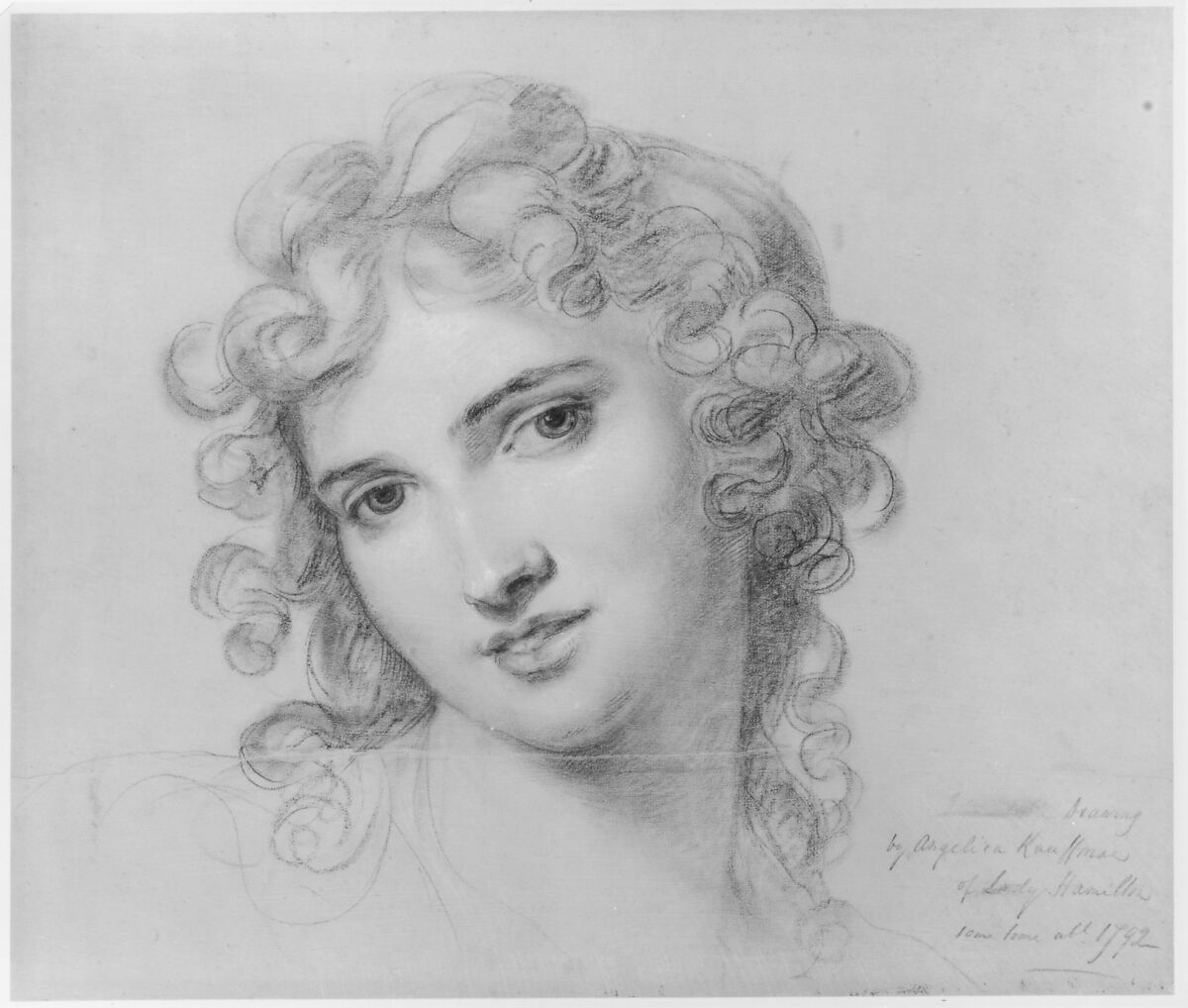 Portrait of Emma Hamilton, Angelica Kauffmann (Swiss, Chur 1741–1807 Rome), Black and white chalk, on gray prepared paper