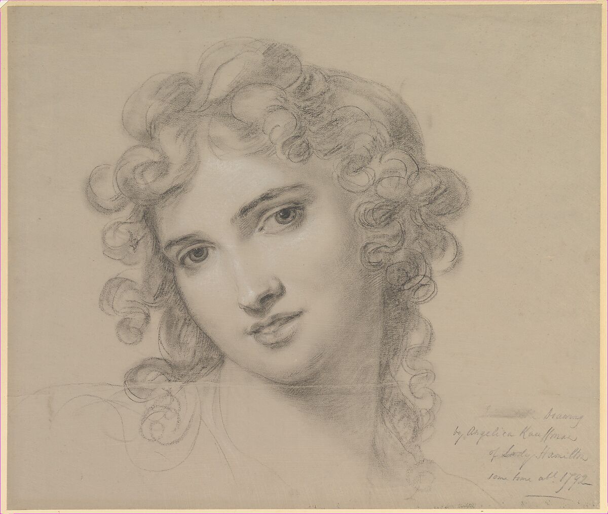 Portrait of Emma Hamilton, Angelica Kauffmann (Swiss, Chur 1741–1807 Rome), Black and white chalk, on gray prepared paper 