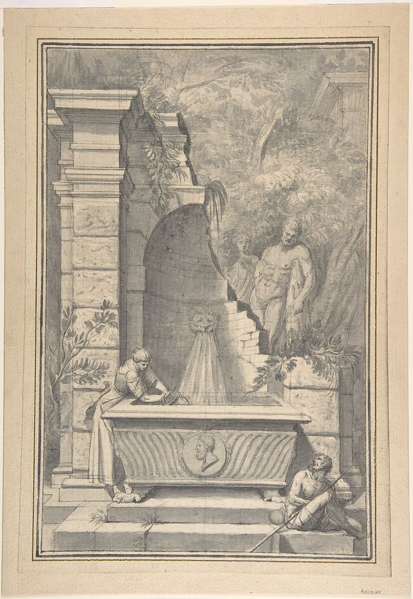 A Woman at a Fountain by a Ruined Temple, the Farnese Hercules in the Background, Johannes Antiquus (Dutch, Groningen, 1702–1750), Black chalk, pen and gray ink, with gray wash; framing line in black ink 