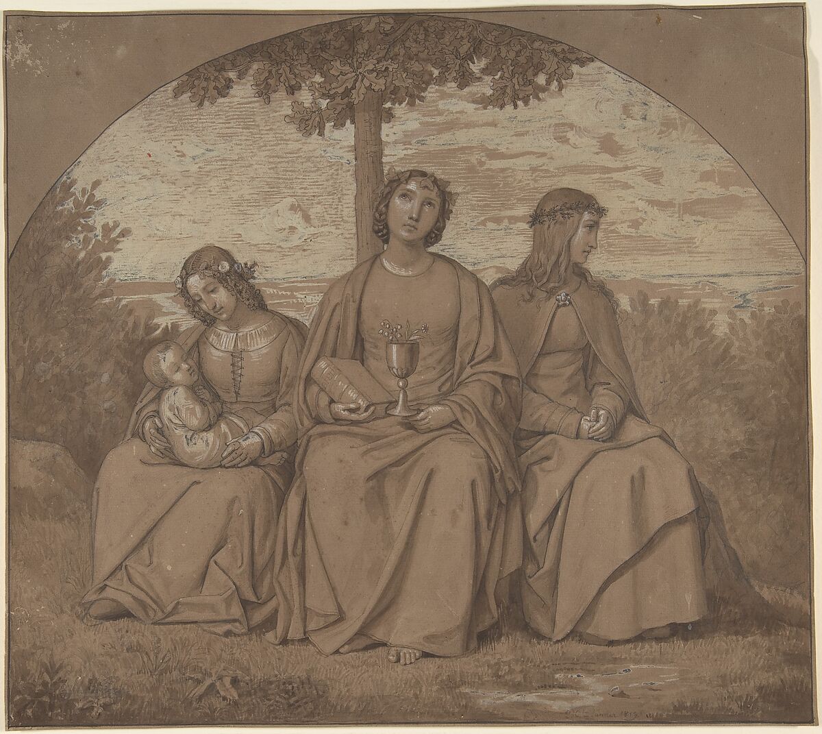 Allegories of Faith, Hope, and Charity, Heinrich Maria von Hess (German, Dusseldorf 1798–1863 Munich), Graphite, pen and brown ink, brush and brown wash heightened with white (partly oxidized), in an inscribed arch on brown paper 