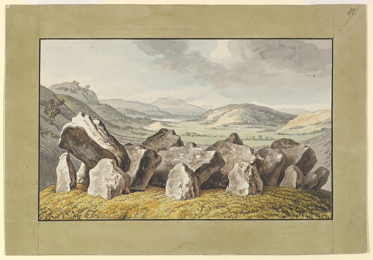 A Prehistoric Stone Circle on a Mound, an Extensive Landscape Beyond, Johann Heinrich Wilhelm Tischbein (German, Haina 1751–1829 Eutin), Black chalk or graphite, pen and brown ink, brush and brown wash, and watercolor; framing lines in pen and black ink 