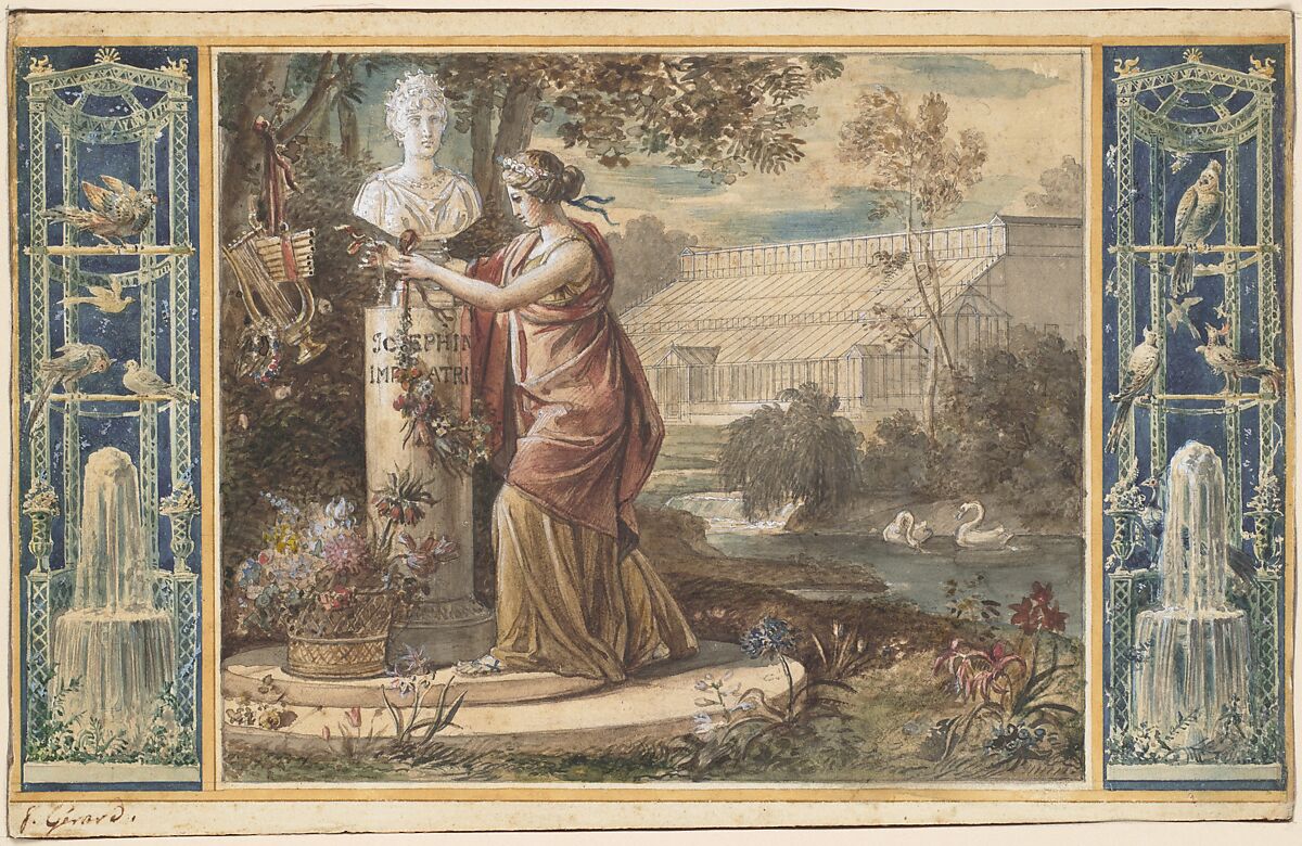 An Allegory of Empress Josephine as Patroness of the Gardens at Malmaison, baron François Gérard (French, Rome 1770–1837 Paris), Watercolor and pen and black ink, over black chalk underdrawing on paper, laid down on board