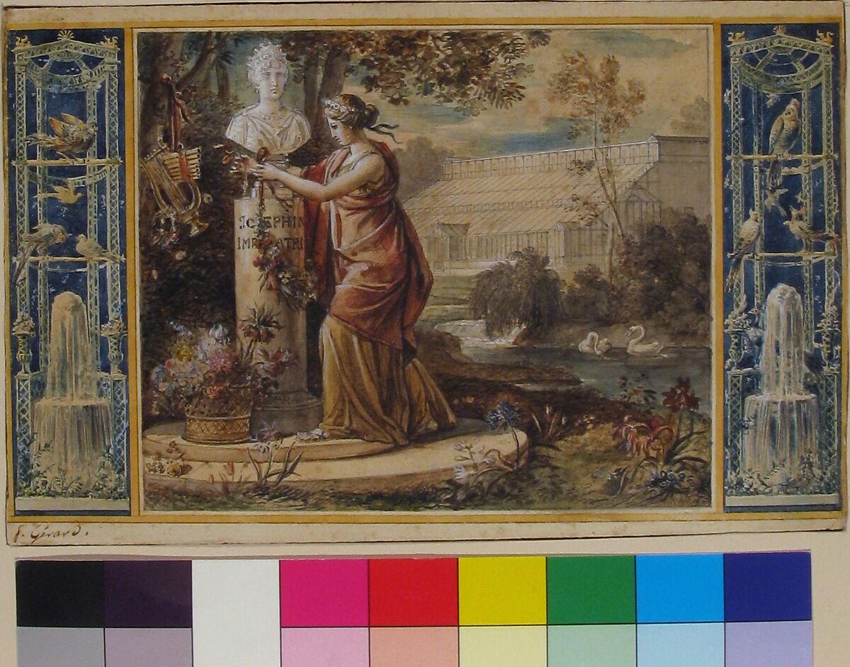 An Allegory of Empress Josephine as Patroness of the Gardens at Malmaison, baron François Gérard (French, Rome 1770–1837 Paris), Watercolor and pen and black ink, over black chalk underdrawing on paper, laid down on board