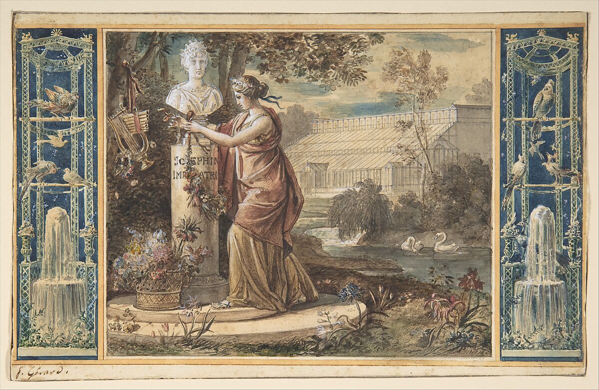 An Allegory of Empress Josephine as Patroness of the Gardens at Malmaison, baron François Gérard (French, Rome 1770–1837 Paris), Watercolor and pen and black ink, over black chalk underdrawing on paper, laid down on board 