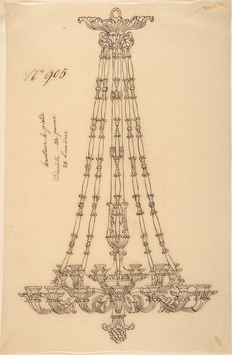 Design for a Hanging Chandelier, Anonymous, French, 19th century, Pen and brown ink 