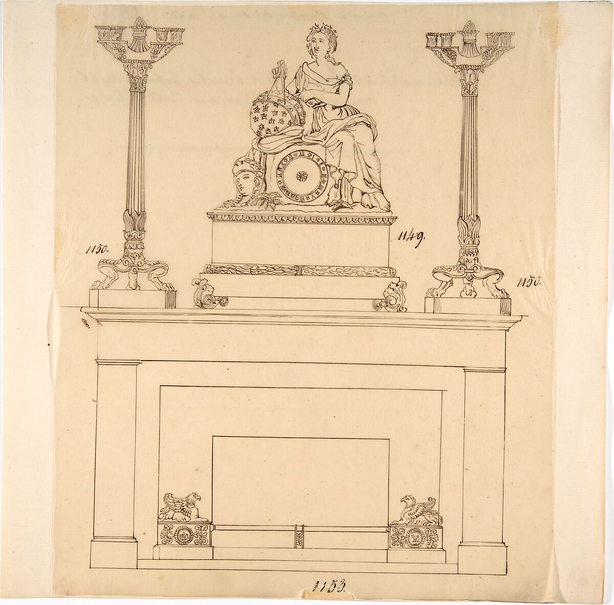 Designs for Fireplace Iron, Mantle Candlesticks and a Clock, Anonymous, French, 19th century, Pen and brown ink 