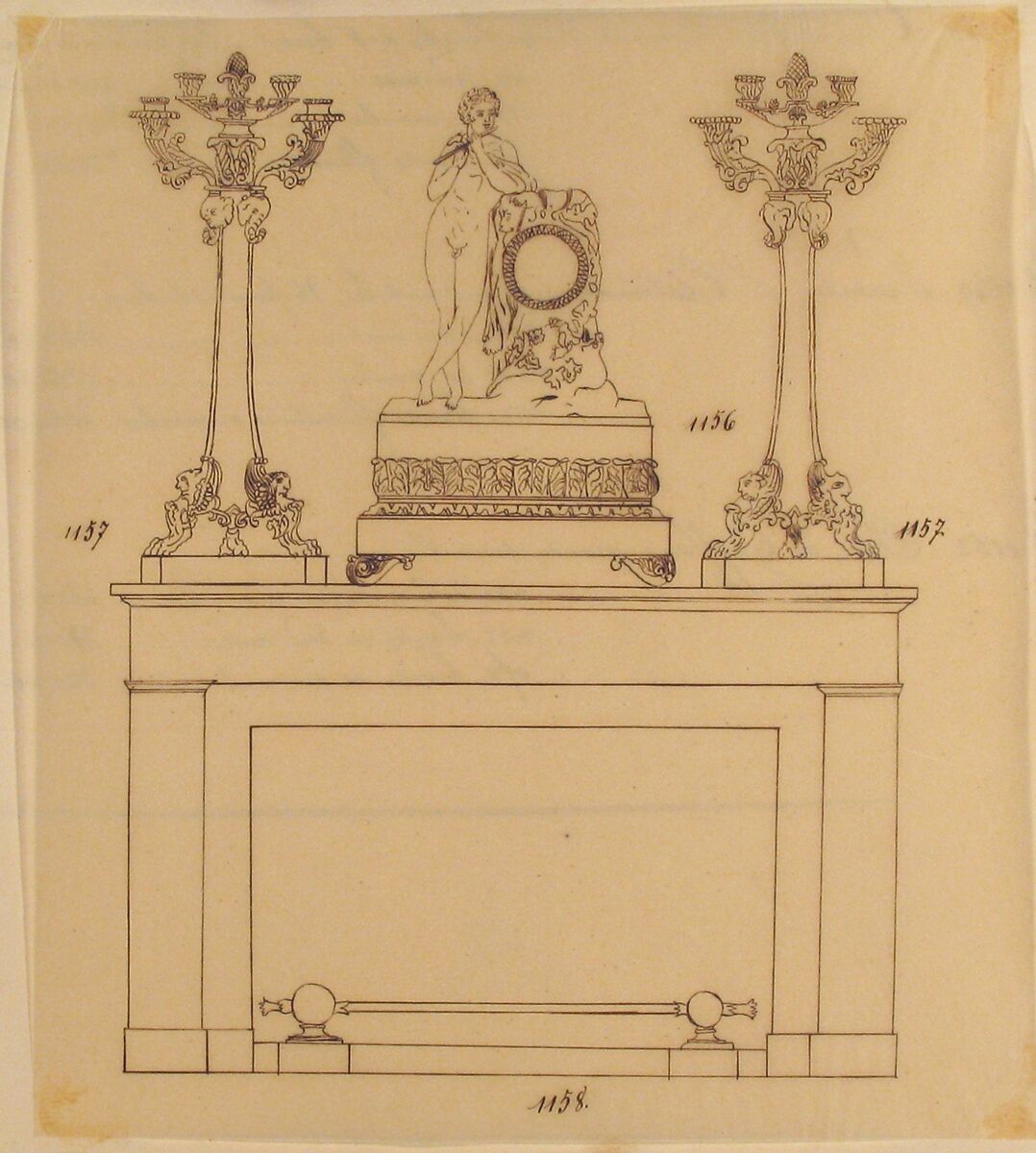 Design for a Fireplace Iron, Mantle Candlesticks and a Clock, Anonymous, French, 19th century, Pen and brown ink