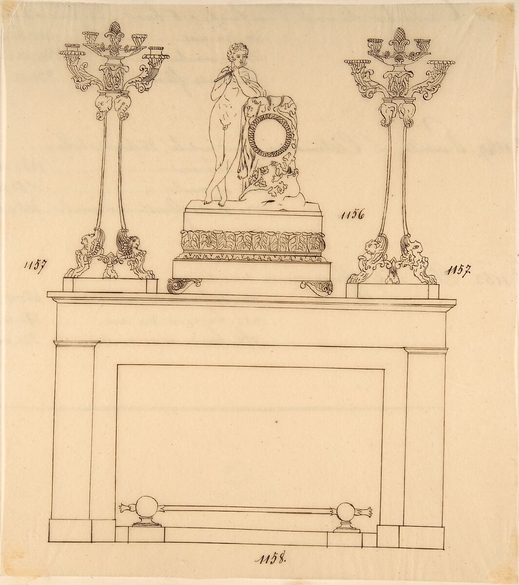 Design for a Fireplace Iron, Mantle Candlesticks and a Clock, Anonymous, French, 19th century, Pen and brown ink 