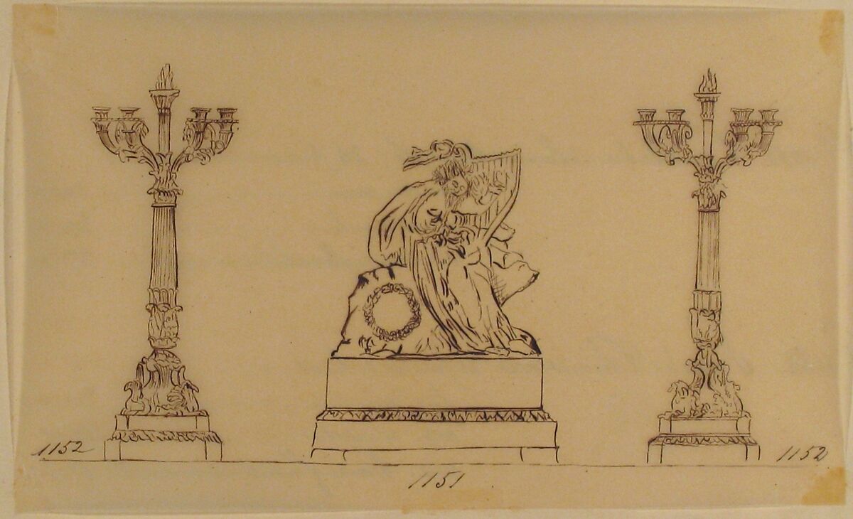 Design for a Set of Candlesticks and a Clock, Anonymous, French, 19th century, Pen and brown ink