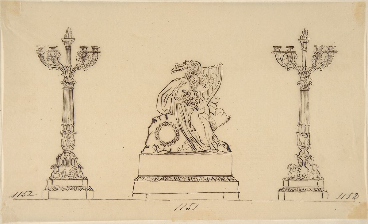 Design for a Set of Candlesticks and a Clock, Anonymous, French, 19th century, Pen and brown ink 