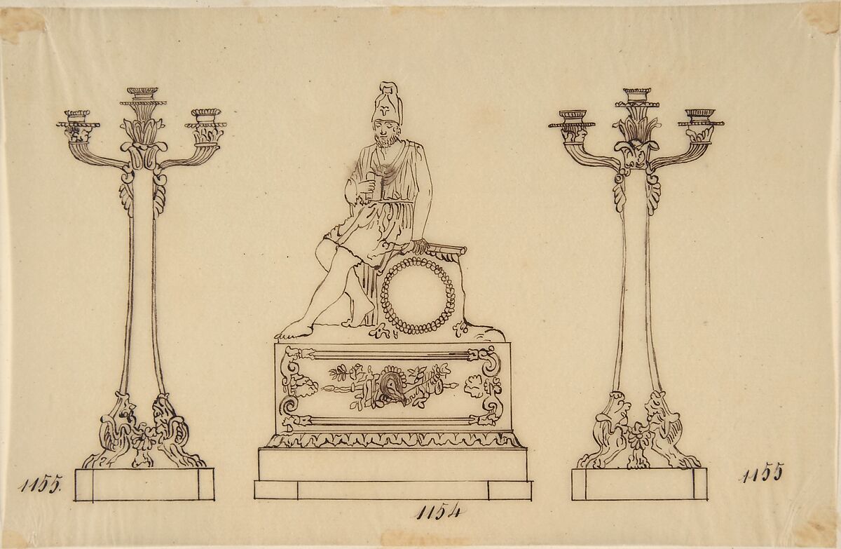 Design for a Set of Candlesticks and a Clock, Anonymous, French, 19th century, Pen and brown ink 