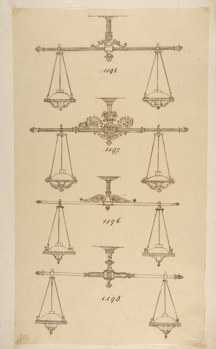 Four Designs for Hanging Light Fixtures, Anonymous, French, 19th century, Pen and brown ink 