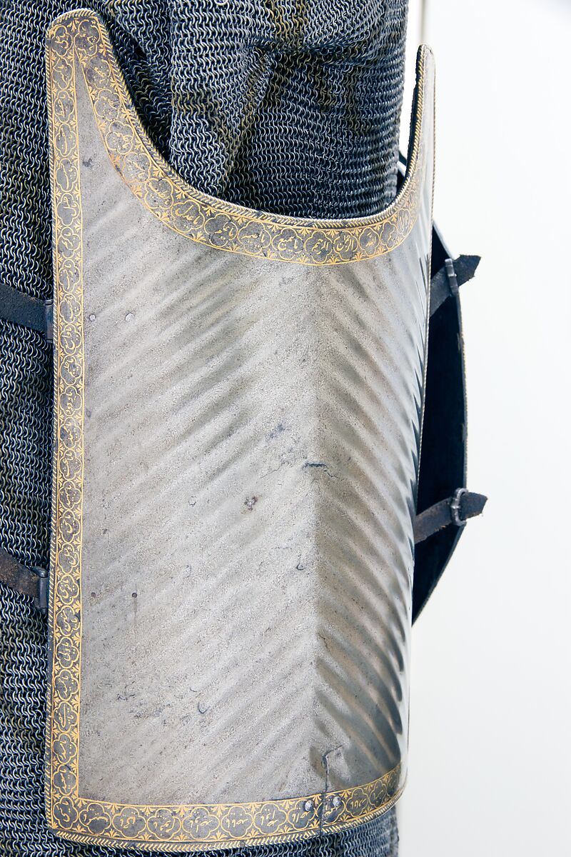 Cuirass (<i>Char-aina</i>) with Mail Shirt, Steel, iron, gold, leather, textile, cuirass, Iranian; mail shirt, Iranian or Indian