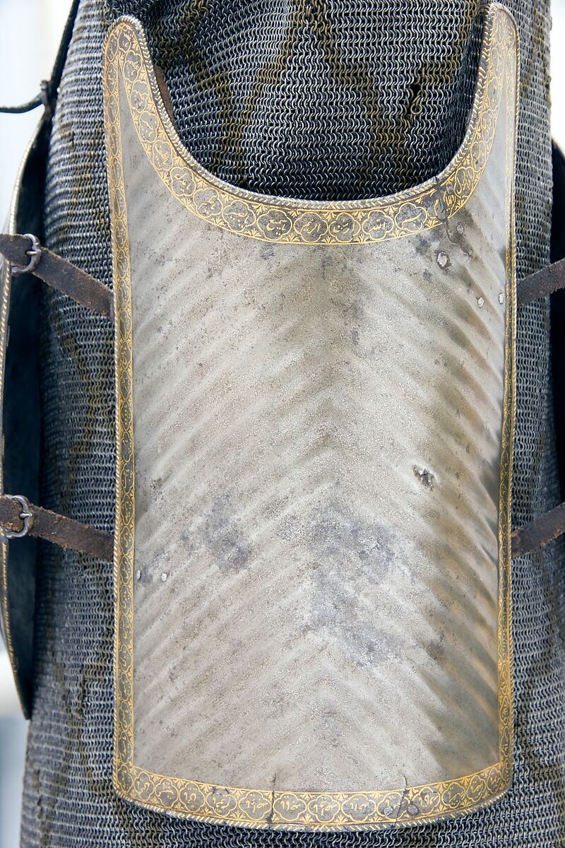Cuirass (<i>Char-aina</i>) with Mail Shirt, Steel, iron, gold, leather, textile, cuirass, Iranian; mail shirt, Iranian or Indian