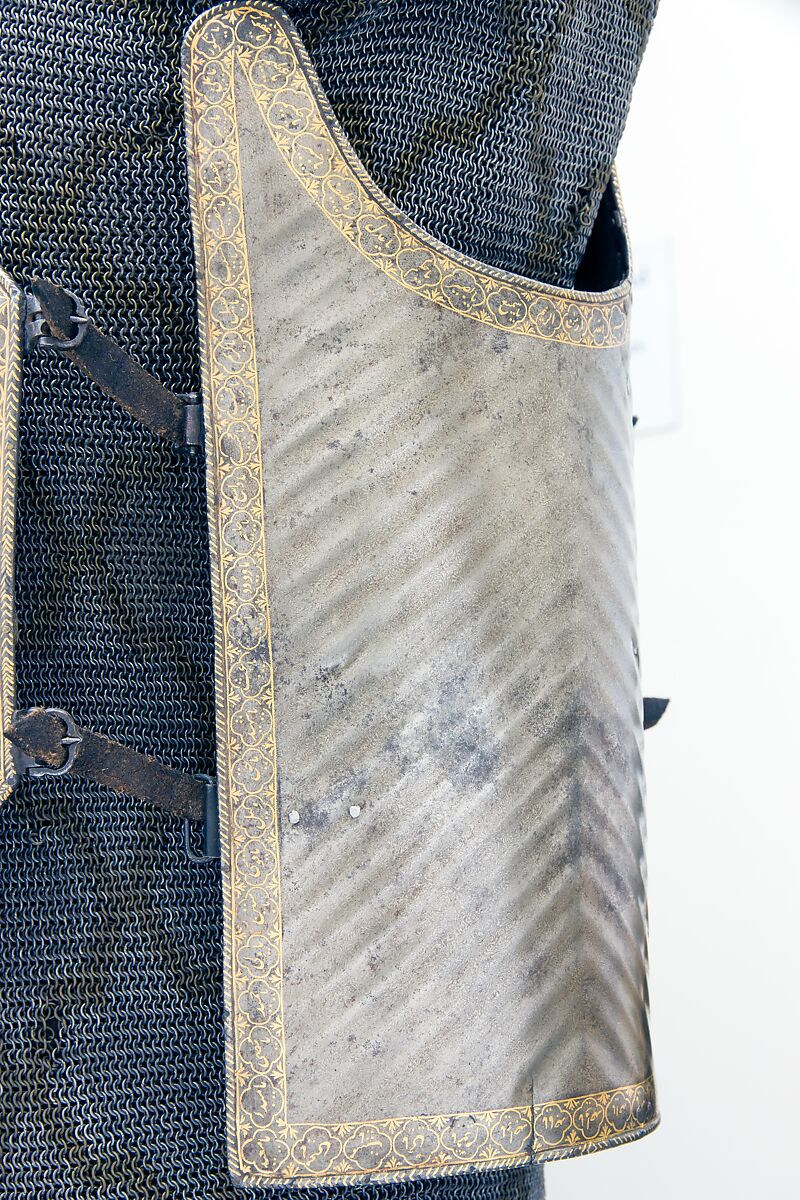 Cuirass (<i>Char-aina</i>) with Mail Shirt, Steel, iron, gold, leather, textile, cuirass, Iranian; mail shirt, Iranian or Indian