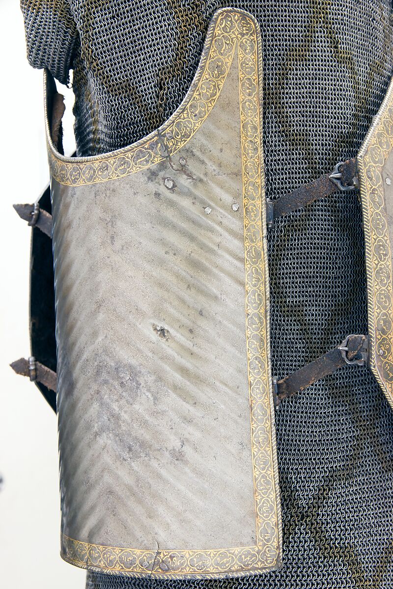 Cuirass (<i>Char-aina</i>) with Mail Shirt, Steel, iron, gold, leather, textile, cuirass, Iranian; mail shirt, Iranian or Indian