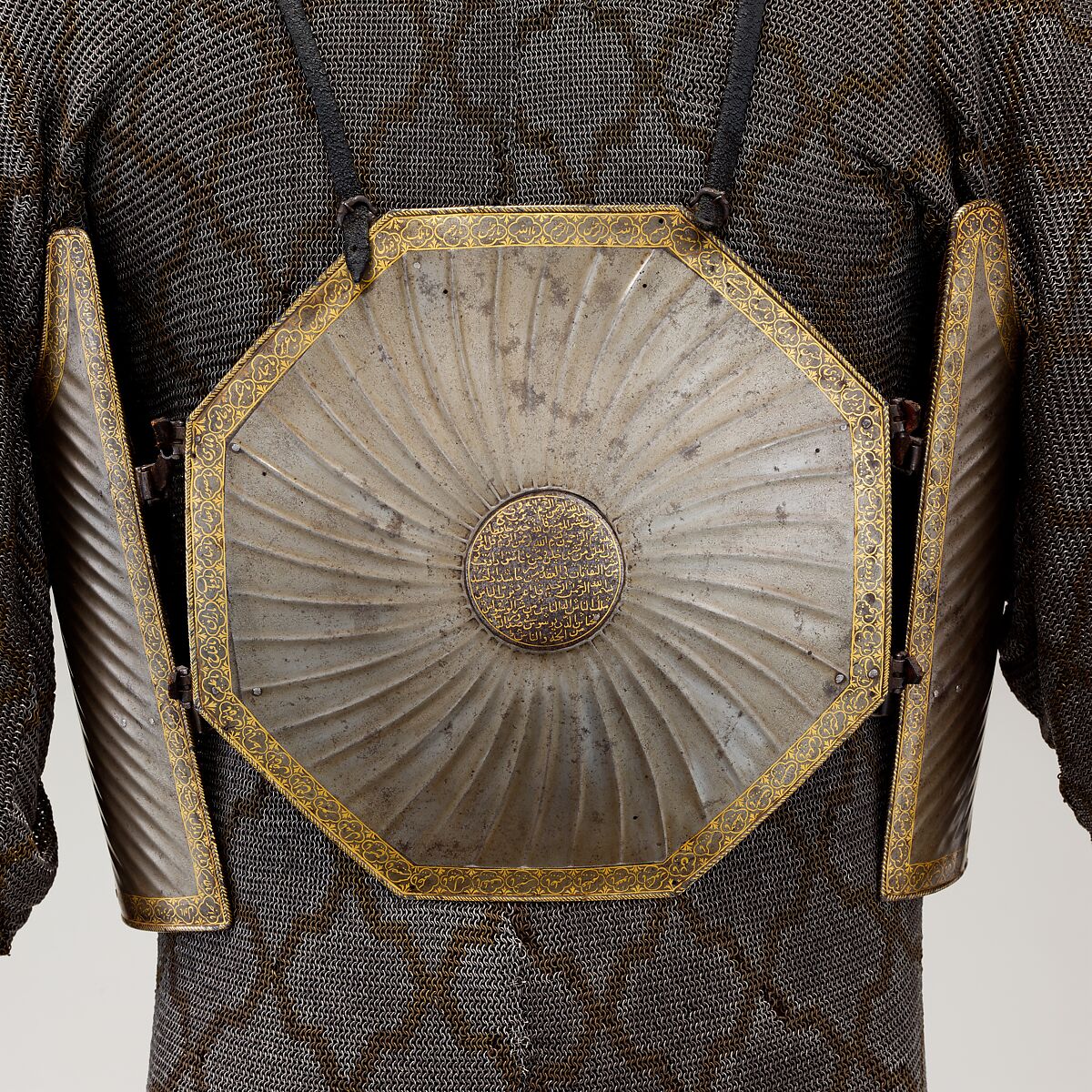 Cuirass (<i>Char-aina</i>) with Mail Shirt, Steel, iron, gold, leather, textile, cuirass, Iranian; mail shirt, Iranian or Indian