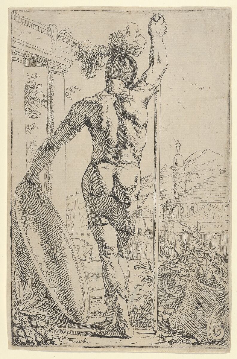 A Roman Warrior with Shield and Spear, Leendert van der Cooghen (Dutch, Haarlem ca. 1610–1681 Haarlem), Etching 