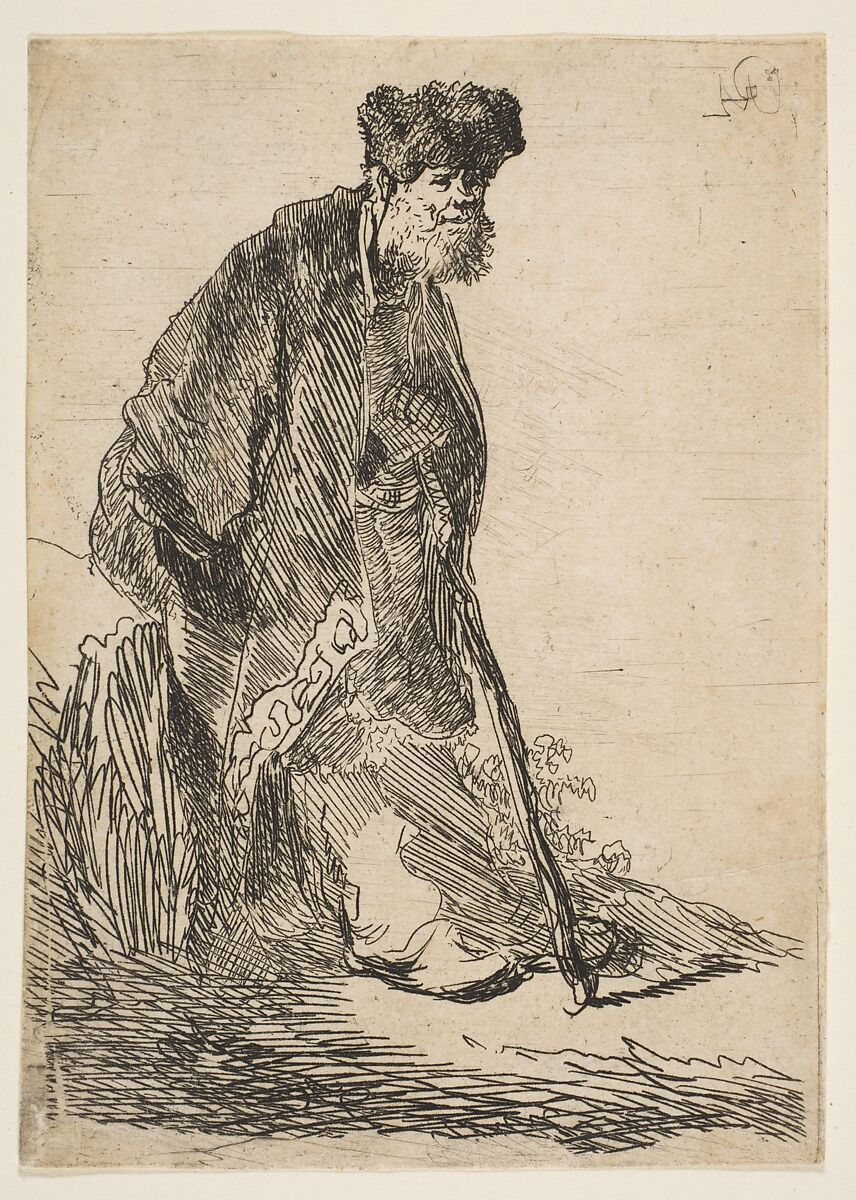 Man in a Coat and Fur Cap Leaning against a Bank, Rembrandt (Rembrandt van Rijn) (Dutch, Leiden 1606–1669 Amsterdam), Etching, New Holl. first state of three 