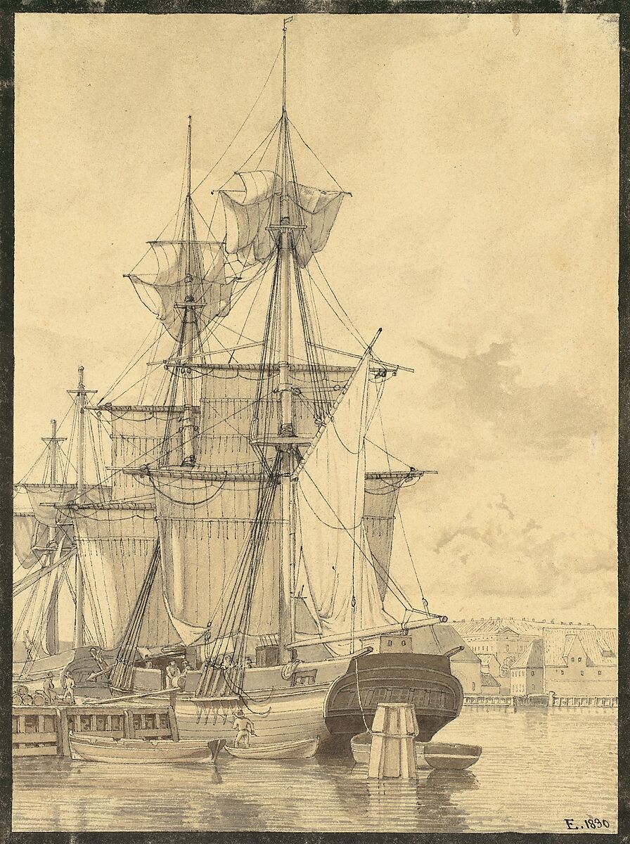 Sailing Vessels at Wilders Plads, Copenhagen, Christoffer Wilhelm Eckersberg (Danish, Blåkrog 1783–1853 Copenhagen), Pen and black ink with brush and brown and gray wash 