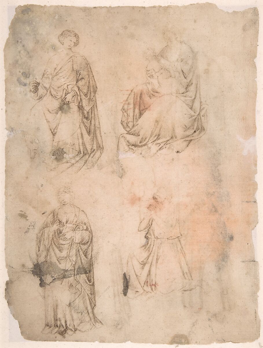 Four Saints (recto); Two Saints, Seated Madonna, and Kneeling Figure (verso), Anonymous, Italian, probably Umbrian, 14th century  Italian, Pen and brown ink, highlighted with white gouache