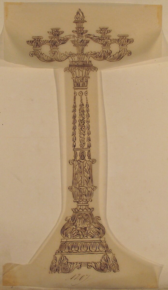 Design for a Six Arm Candelabra, Anonymous, French, 19th century, Pen and brown ink