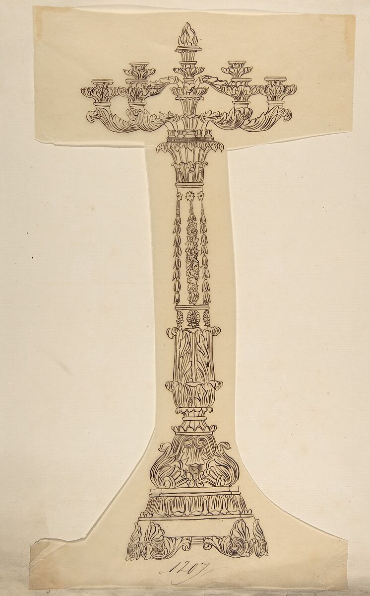 Design for a Six Arm Candelabra, Anonymous, French, 19th century, Pen and brown ink 