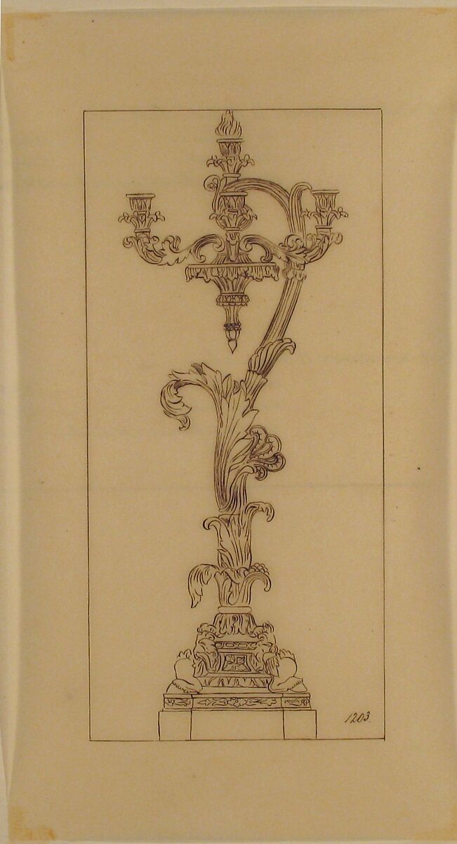Design for a Candelabra, Anonymous, French, 19th century, Pen and brown ink. Framing lines in pen and brown ink.