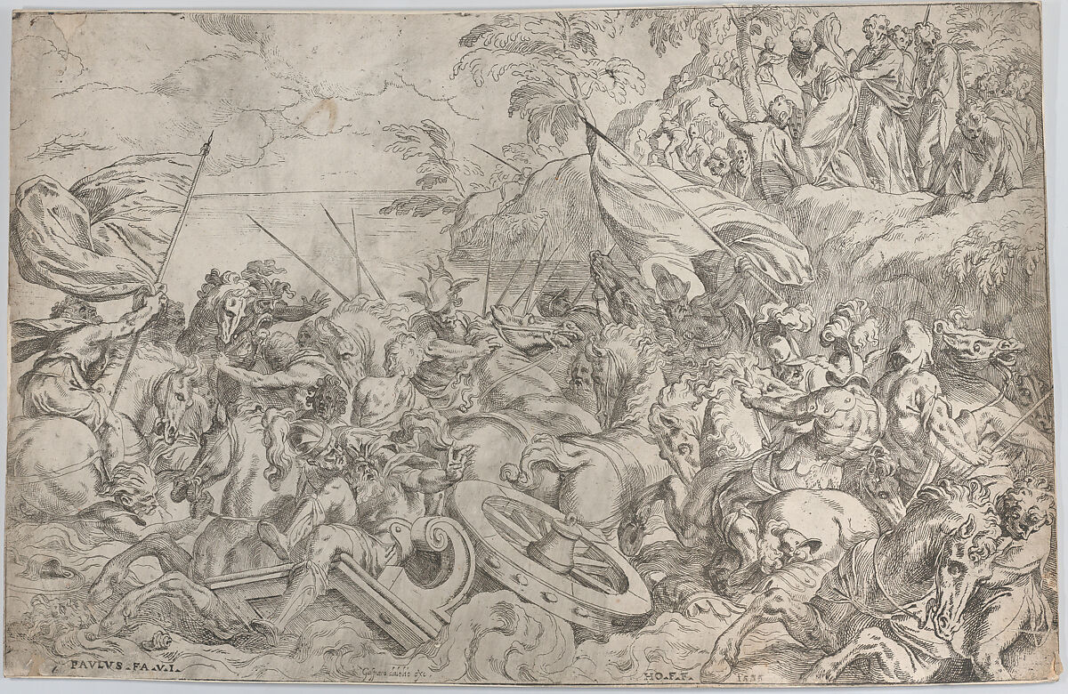 The Crossing of the Red Sea, Orazio Farinati (Italian, Verona, ca. 1559–1616), Etching 