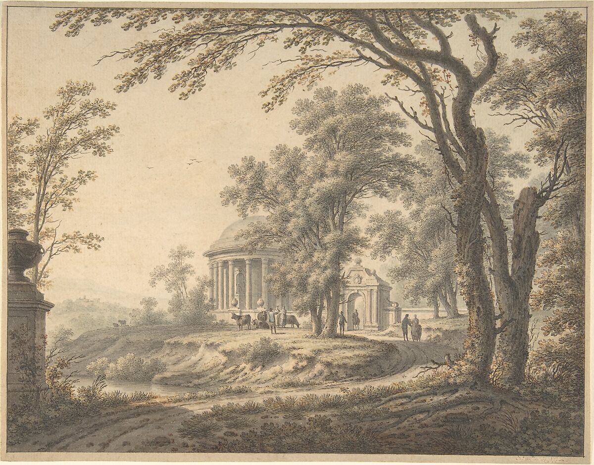 Idyllic Landscape with Temple, Johann Heinrich Müntz (Swiss, Mulhouse 1727–1798 Kassel), Pen and gray ink and watercolor; framing lines in black ink 