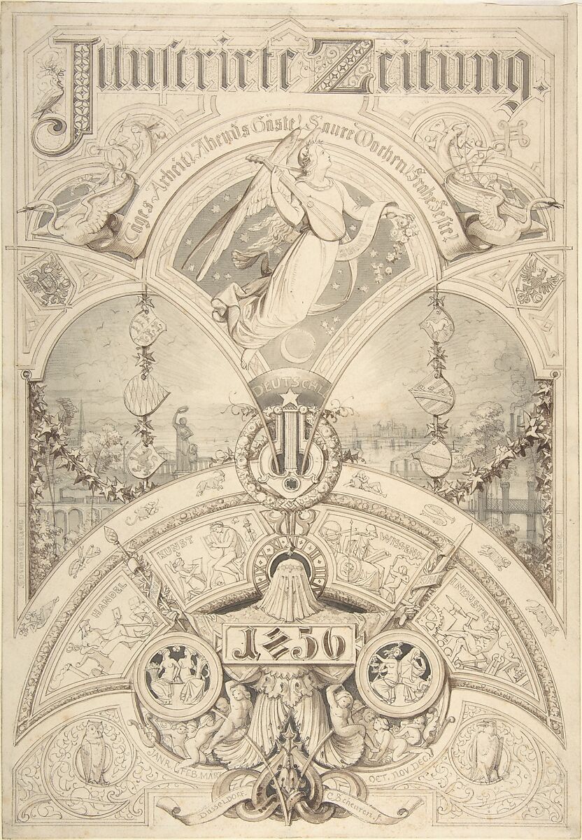 Title Page for "Illustrirte Zeitung 1856", Johann Caspar Nepomuk Scheuren (German, Aachen 1810–1887 Düsseldorf), Graphite, pen and gray ink, brush and gray and brown wash 