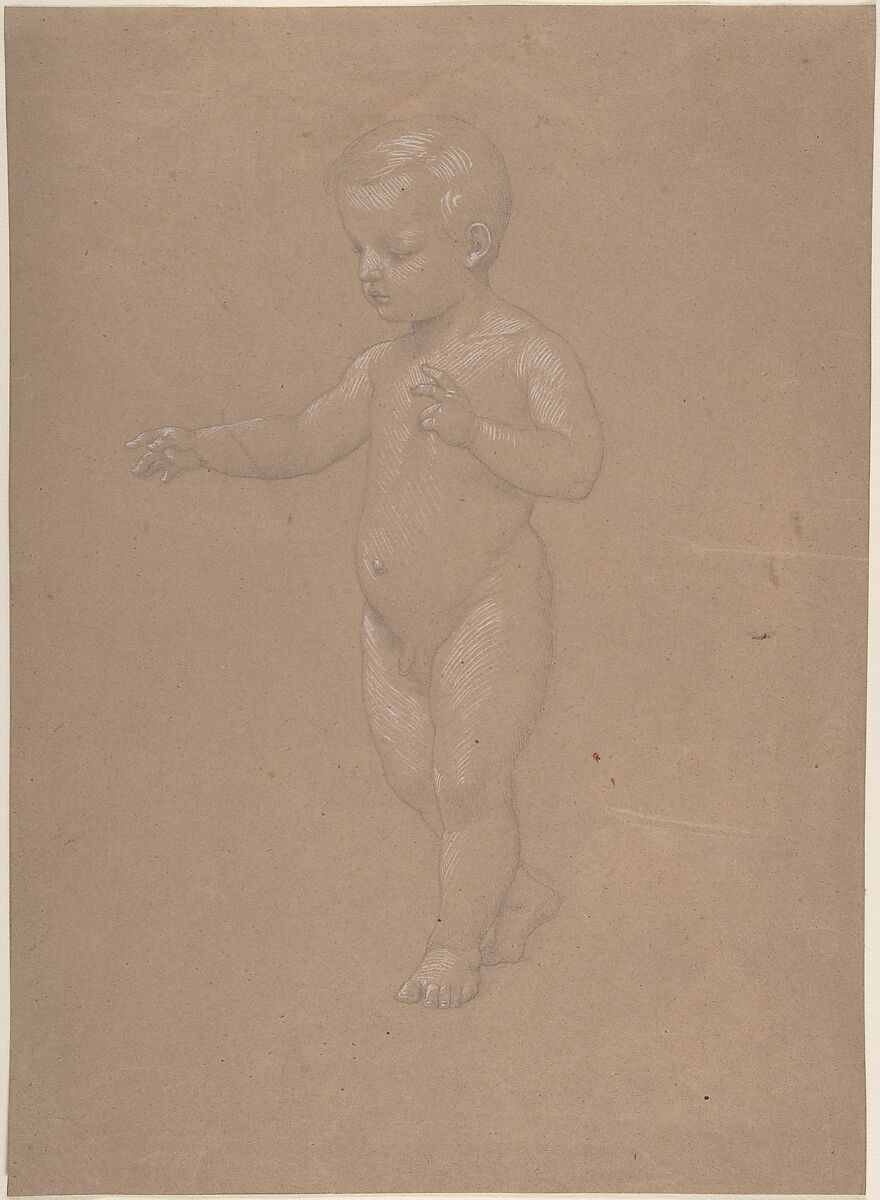 Nude Boy, Walking to the Left, Anselm Feuerbach (German, Speyer 1829–1880 Venice), Graphite, heightened with white on brown paper 