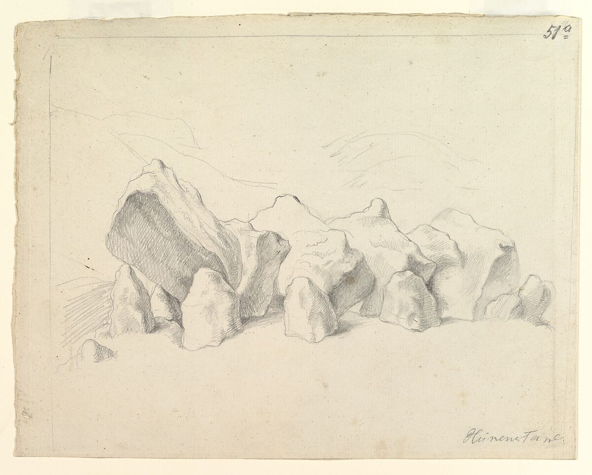 A Prehistoric Stone Circle on a Mound, an Extensive Landscape Beyond, Johann Heinrich Wilhelm Tischbein (German, Haina 1751–1829 Eutin), Black chalk or graphite; framing lines in black chalk or graphite 