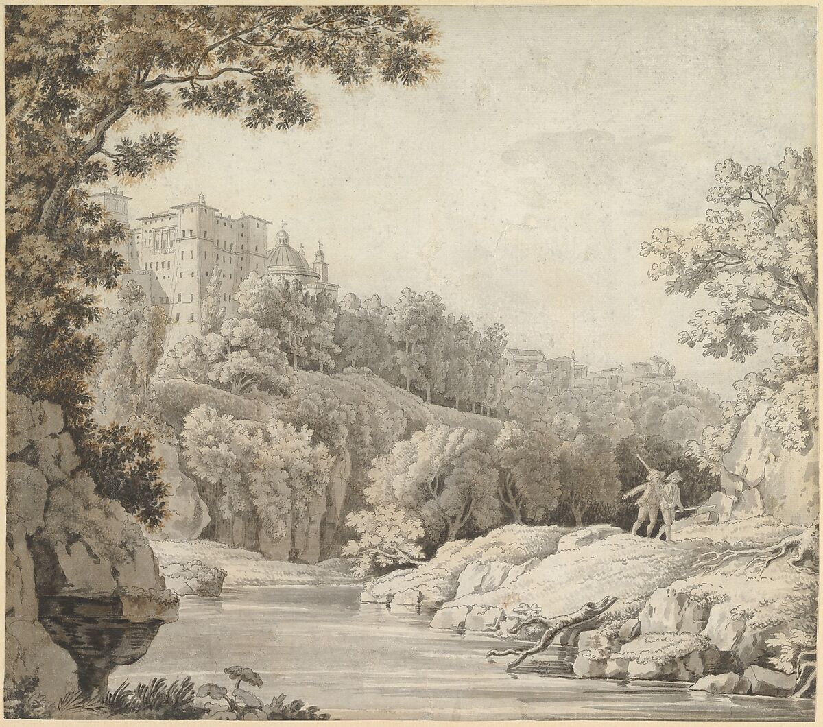 View of Ariccia, Italy, Jonathan Skelton (British, ca. 1735–1759 Rome), Pen and gray ink, brush and gray, brown, and ochre wash over graphite 