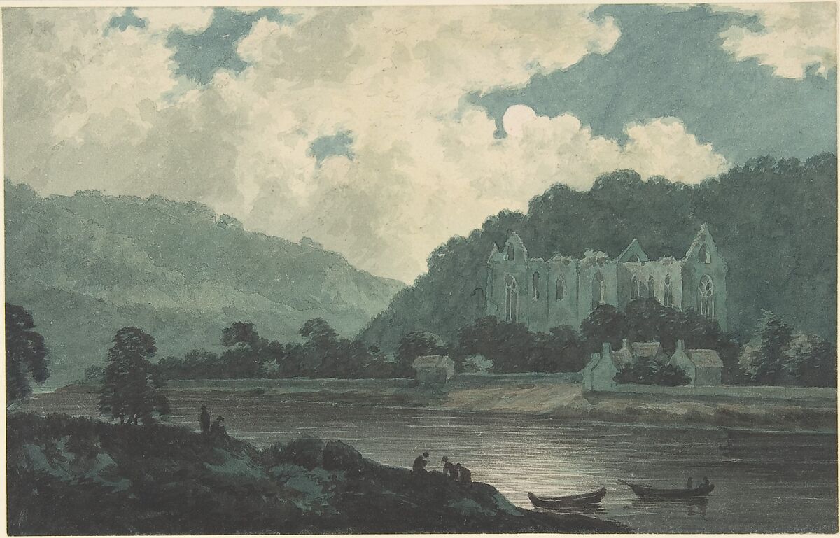 Tintern Abbey by moonlight, John "Warwick" Smith (British, Irthington, Cumberland 1749–1831 London), Graphite and watercolor with scratching out 