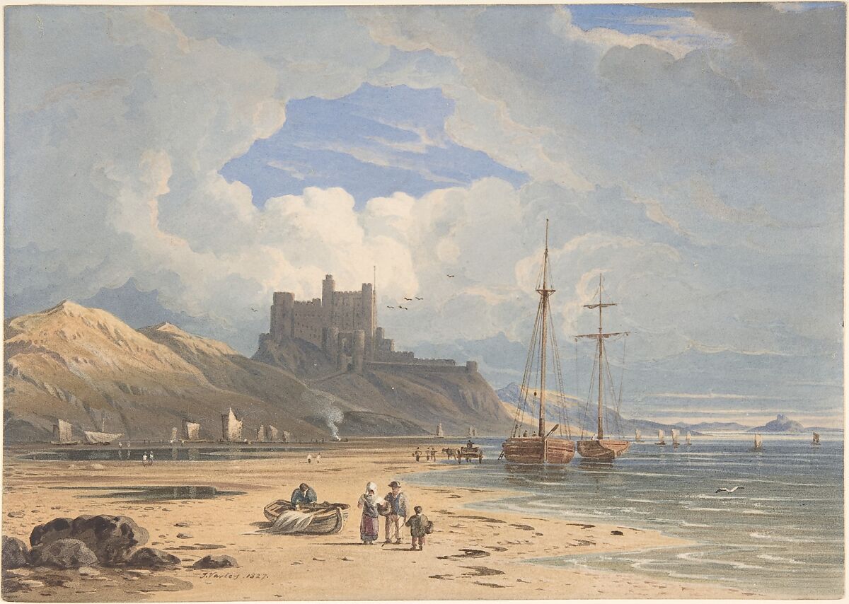 Bamborough Castle from the Northeast, with Holy Island in the Distance, Northumberland, John Varley (British, London 1778–1842 London), Watercolor and graphite with scratching out 